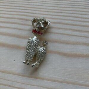Silver Tone Red Enamel Bowed 1950s Poodle Brooch Pin Dog